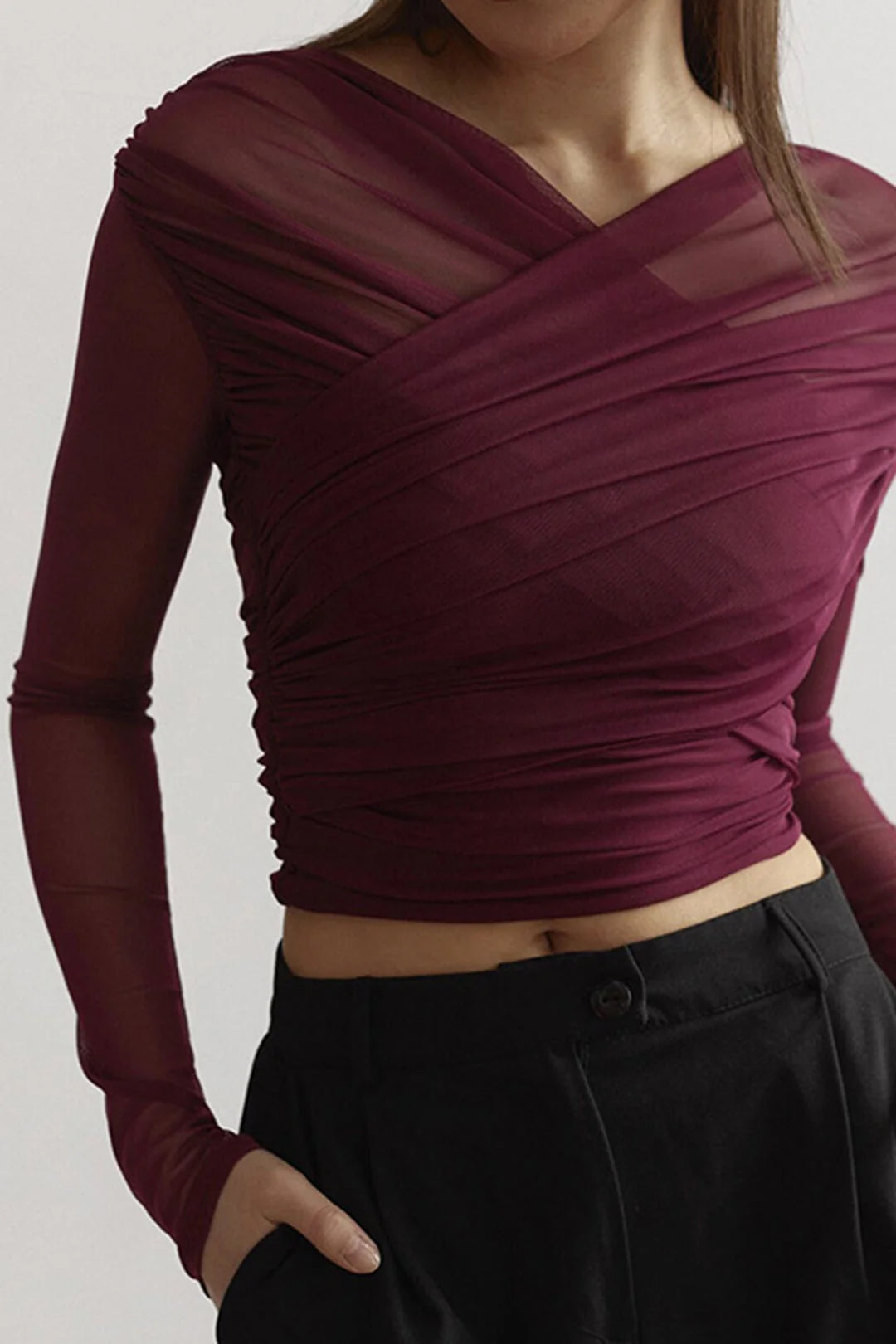 Susanne | Damen Mesh-Top mit Rüschen und langen Ärmeln